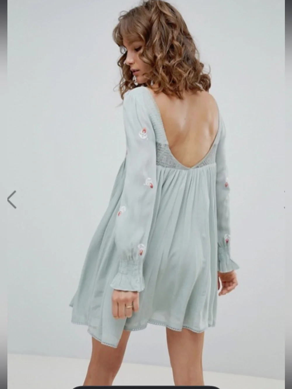 Free People Mojave Embroidered Sage Long-Sleeve Babydoll Dress. Callout